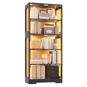 Modern 5 Layer Display Cabinet, Curio Cabinet with RGB Color Lights, Glass Display Cases for Collectibles, Tall Storage Cabinet with Glass Doors
