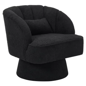 Swivel Barrel Accent Chair - Teddy Velvet Upholstered 360° Rotating Modern Armchair with Striped Backrest & Plush Padding, Round Lounge Chair for Living Room, Bedroom, Black