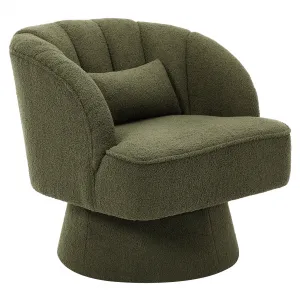 Swivel Barrel Accent Chair - Teddy Velvet Upholstered 360° Rotating Modern Armchair with Striped Backrest & Plush Padding, Round Lounge Chair for Living Room, Bedroom, Green