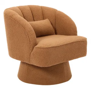 Swivel Barrel Chair - Teddy Velvet Upholstered Modern Armchair with Striped Backrest & Plush Padding, Round Lounge Chair for Living Room, Bedroom, Small Spaces, Brown