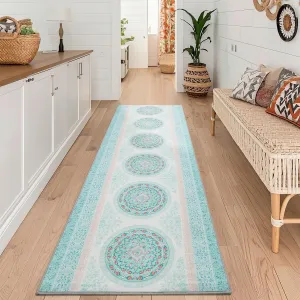 Vintage Boho Runner Rug 2x6 Washable Kitchen Runner Rug Traditional Carpet Stain Resistant Throw Carpet With Non-Slip Backing Low Pile Floor Cover For Hallway Laundry Bedroom,Light Blue