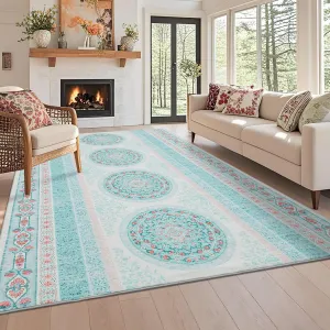 8x10 Vintage Boho Area Rug With Non-Slip Backing For Living Room Bedroom Office Light Blue
