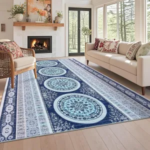 Vintage Boho Area Rug Large 9x12 Washable Rugs Traditioanl Throw Carpet Stain Resistant Throw Carpet With Non-Slip Backing For Bedroom Nursery Apartment Living Room,Blue
