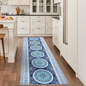 Vintage Boho Runner Rug 2x6 Washable Kitchen Runner Rug Blue Non-Slip Low Pile