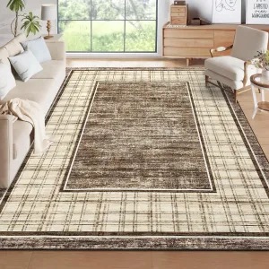 Washable Rugs for Living Room 9x12 Brown Ultra Soft Non-Slip Checkered Rug