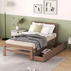 Twin Size Platform Bed Frame With 2 Drawers, Rubberwood Support Legs, No Box Spring Needed, White, Boys & Girls Bedroom