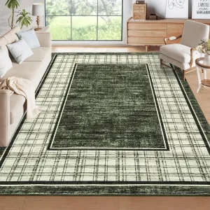 Living Room Rug 10x13, Machine Washable Large Carpet, Non Slip Low Pile Throw Rug, Ultra Soft Indoor Floor Carpet, Green