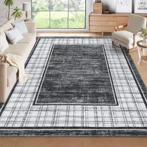 Checkered Area Rug Washable Non Slip Low Pile Soft Rug for Living Room Bedroom Dining Room Office Playroom 5x7 Grey