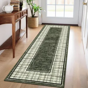 Washable Runner Rugs 2x6 Checkered Bathroom Rug Non Slip Modern Kitchen Rug Green Ultra-Thin Soft for Hallway Entryway Bedroom Home Decor