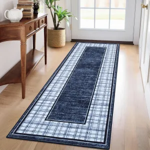 Washable Runner Rugs 2x6 Checkered Non Slip Modern Kitchen Rug Navy Ultra-Thin Soft for Bathroom Hallway Entryway Bedroom