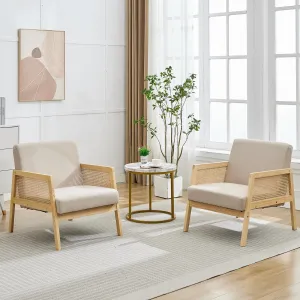 Mid Century Modern Accent Chair with Rattan Backrest, Armchair with Sturdy Wood Legs, Beige Thick Linen Cushion, for Bedroom Balcony Apartment, Beige (2 PCS)