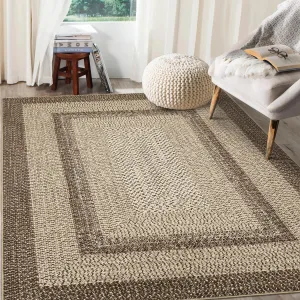 Bordered Natural 5x7 Area Rugs Braided Printed Throw Rug with Non-Slip Backing, Modern Bordered Accent Carpet, Foldable Low Pile Floor Cover for Bedroom, Living Room