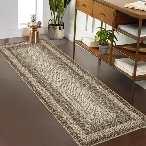 Bordered Natural 2x6 Runner Rugs for Hallways, Washable Braided Printed Area Rug with Non-Slip Backing, Low Pile Rugs Carpet Runners for Bedroom Entryway Kitchen