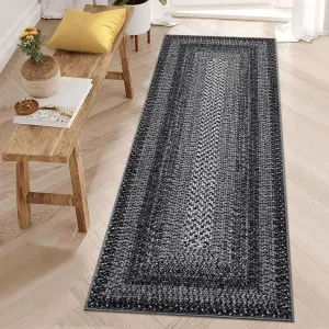 Bordered Black 2x10 Runner Rugs for Hallways, Washable Braided Printed Area Rug with Non-Slip Backing, Low Pile Rugs Carpet Runners for Bedroom Entryway Kitchen