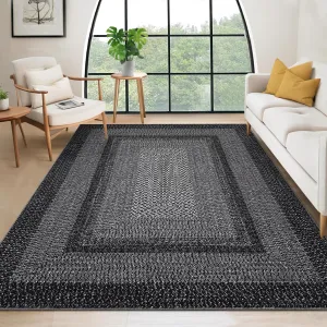 Bordered Black 6x9 Area Rug for Living Room,Vintage Area Rug for Bedroom Indoor Braided Printed Large Rug Soft Non Shedding Stain Carpet for Dining Room