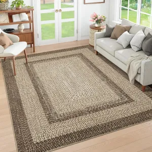Bordered Natural 10x13 Area Rug Braided Printed for Living Room and Bedroom, Non-Slip Stain-Resistant Printed Rug,Machine Washable Large Carpet for Hallway, Kitchen