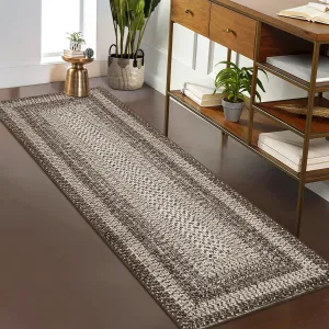 Bordered Camel 2x8 Runner Rug Braided Print Farmhouse Rug, Runner Washable Non Slip, Low Pile Kitchen Rugs Entryway Runners Laundry Mat Non-Shedding Foldable Thin Bedside Carpet