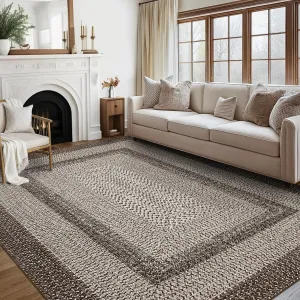 Bordered Camel 10x13 Area Rug Braided Printed for Living Room and Bedroom, Non-Slip Stain-Resistant Printed Rug,Machine Washable Large Carpet for Hallway, Kitchen