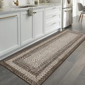 Bordered Camel 2x10 Runner Rugs for Hallways, Washable Braided Printed Area Rug with Non-Slip Backing, Low Pile Rugs Carpet Runners for Bedroom Entryway Kitchen