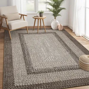 Bordered Camel 5x7 Area Rugs Braided Printed Throw Rug with Non-Slip Backing, Modern Bordered Accent Carpet, Foldable Low Pile Floor Cover for Bedroom, Living Room