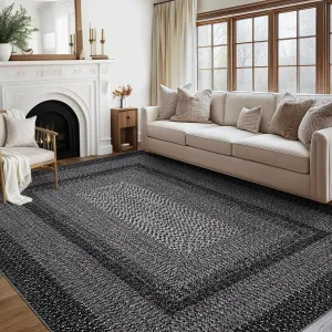 Bordered Black 9x12 Area Rug Large Machine Washable Rug for Living Room Print Braided Floor Cover Stain Non-Slip Farmhouse Solid Printed Textured Carpet for Home Decor