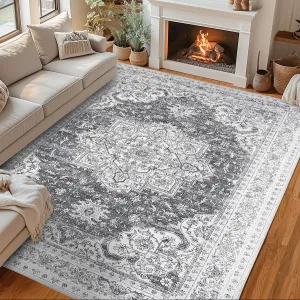 Machine Washable Rug 9x12 Neutral Floral Vintage Area Rug for Living Room Bedroom Dining Room Grey