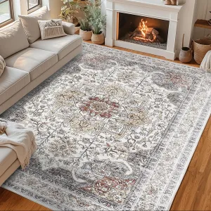 Machine Washable Rug 9x12 Neutral Floral Vintage Area Rug for Living Room Bedroom Dining Room Camel