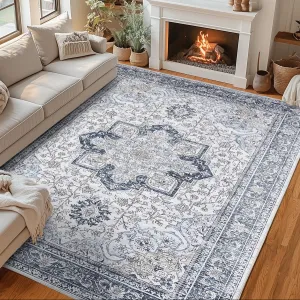 Machine Washable Rug 8x10 Light Blue Neutral Floral Vintage Area Carpet for Living Room Bedroom Dining Room