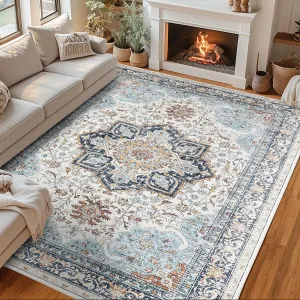 Machine Washable Rug 10x13, Neutral Floral Vintage Area Rug for Living Room, Bedroom, Dining Room