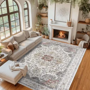 Machine Washable Rug Neutral Floral Vintage Area Rug 10x13 Camel for Living Room Bedroom Dining Room