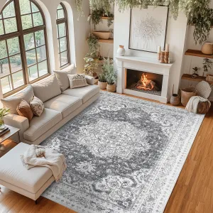 Machine Washable Rug 5x7 Neutral Floral Vintage Area Rug for Living Room Bedroom Dining Room Grey