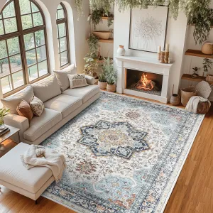 Machine Washable Rug 5x7 Neutral Floral Vintage Area Rugs for Living Room Bedroom Dining Room