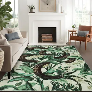 Large 9x12 Washable Tropical Jungle Snake Rug With Non-Slip Backing For Living Room Bedroom Nursery Beige Green