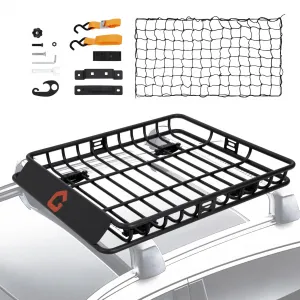 Roof Rack Cargo Carrier Basket - 46"x36"x4.5" with Cargo Net and Luggage Holder, 200 lbs Capacity, Universal Fit for Pickup Trucks, Black