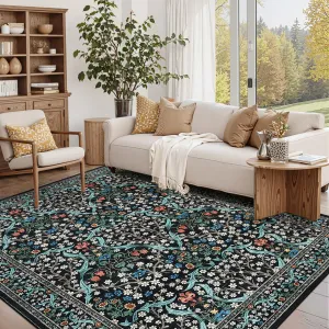 Area Rug 9x12 Black Floral Print Low Pile Washable Non Slip Faux Wool Durable for Living Room Bedroom Dining Room Home Office