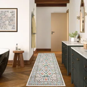 Kitchen Runner Rug 2x6 Floral Non-Slip Washable Faux Wool Low Pile Stain Resistant Beige for Hallway Bathroom Bedroom