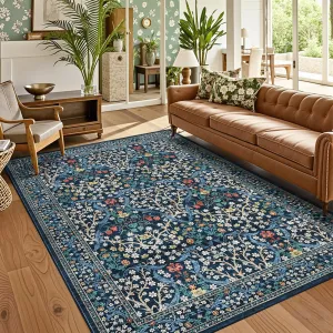 Modern Blue Area Rug Low Pile Soft Washable Non-Slip Carpet Foldable Indoor Living Room Bedroom Decor 9x12 FT
