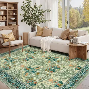 Floral Rug 4x6 Washable Non Slip Rubber Backing Soft Low Pile Foldable Polyester Fibre Living Room Bedroom Nursery