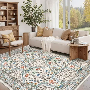 Vintage Floral Living Room Rug 8x10 - Stain Resistant, Machine Washable - Soft Touch, Non-Slip Backing - Low Pile, Non-Shedding - Beige - Bedroom, Playroom