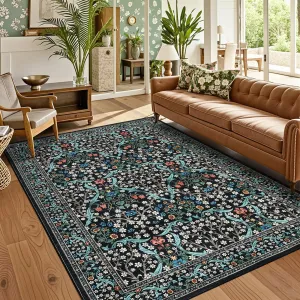 Vintage Floral Area Rug 5x7 Stain Resistant Non-Slip Soft Touch Low Pile Machine Washable Living Room Bedroom Dining