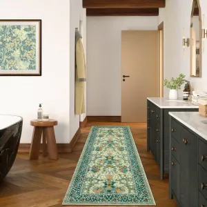 Kitchen Runner Rug 2x6 Floral Non Slip Washable Faux Wool Low Pile Stain Resistant Green Entryway Office Mat