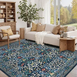 Washable Area Rug 4x6 Floral Botanical Print Soft Low Pile Faux Wool Non Slip Stain Resistant for Living Room Bedroom Kitchen
