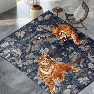 Bedroom Rug Washable Area Rug Non Slip Low Pile Boho Floral Carpet Navy 6x9ft