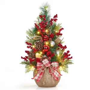 24 Inch Mini Christmas Tree with Lights, Pre-Lit Artificial Table Tree with Bow & Balls, Red Berries & Pine Cones, DIY Table Top Decoration for Indoor Home, Red & Green