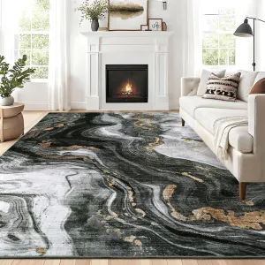 Modern Washable Rugs 5x7 Neutral Abstract Throw Rugs, Non-Slip Abstract Accent Carpet with Marble Swirl Pattern, Stain-Resistant Low Pile Indoor Carpet Rug for Living Room, Bedroom, Black