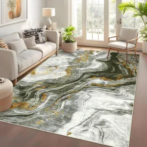 Modern Washable Rugs 5x7 Neutral Abstract Throw Rugs, Non-Slip Abstract Accent Carpet with Marble Swirl Pattern, Stain-Resistant Low Pile Indoor Carpet Rug for Living Room, Bedroom, Green