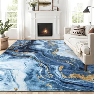 8x10 Washable Abstract Area Rug, Modern Marble Swirl Low Pile Non-Slip Rug for Living Room, Bedroom, Dining Room & Office, Blue