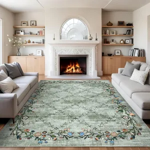 Floral Grey-Green 8x10 Washable Area Rugs for Living Room: Modern Floral Non Slip Large Area Rugs for Bedroom, Large Machine Washable Living Room Low Pile Carpet with Non-Slip Backing