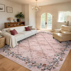 Floral Pink 9x12 Washable Area Rugs for Living Room: Modern Floral Non Slip Large Area Rugs for Bedroom, Large Machine Washable Living Room Low Pile Carpet with Non-Slip Backing