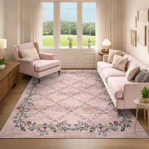 Floral Pink 5x7 Washable Area Rugs for Living Room: Modern Floral Non Slip Large Area Rugs for Bedroom, Large Machine Washable Living Room Low Pile Carpet with Non-Slip Backing